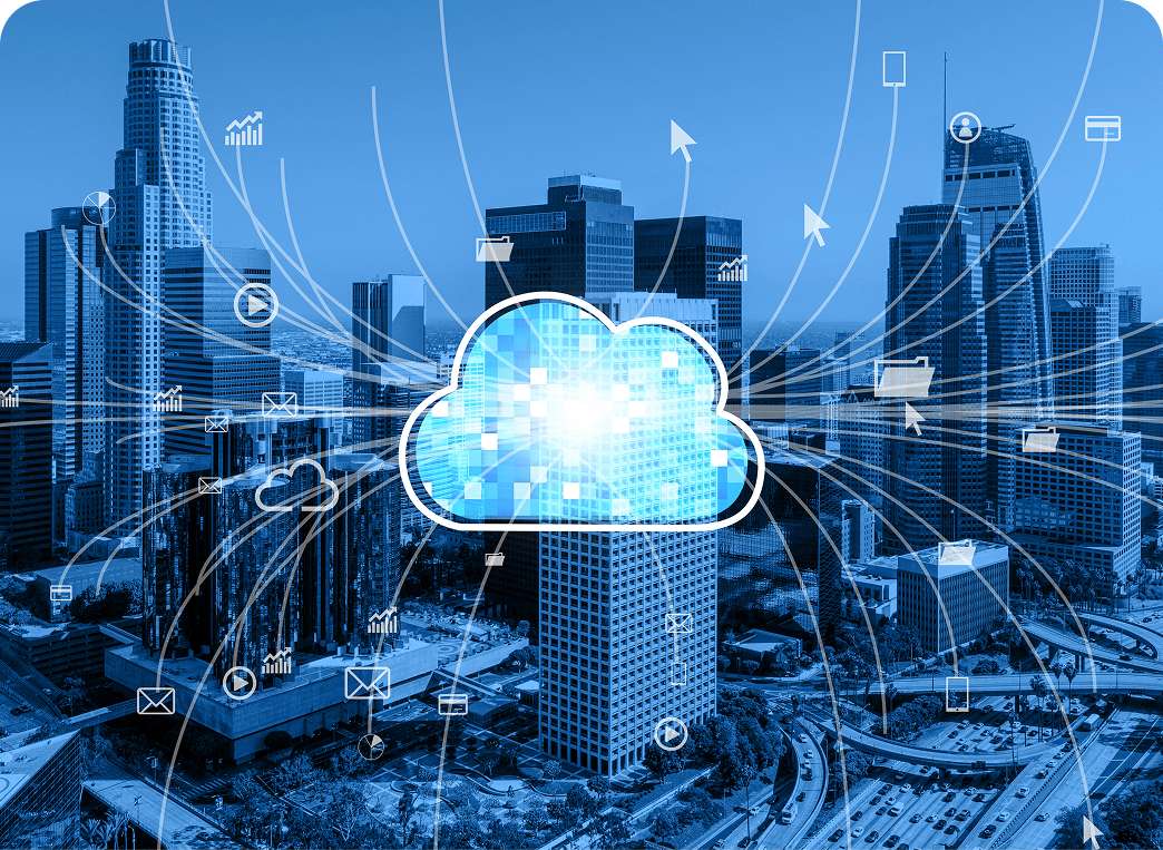 Digital cloud network over a city skyline representing Amazon cloud services offered by an IT services company