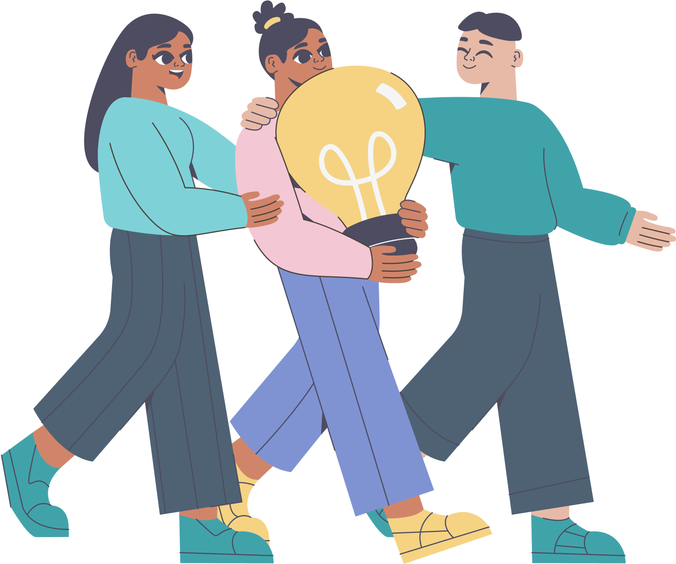 Illustration of three people holding a light bulb, symbolizing teamwork and innovation at a web and software development company in Kochi.