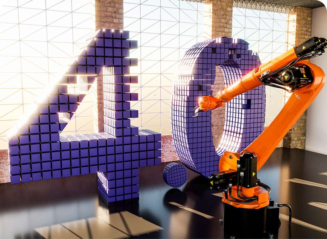 Industrial robotic arm operating beside large “4.0” numbers, representing Industry 4.0 and smart manufacturing technology.
