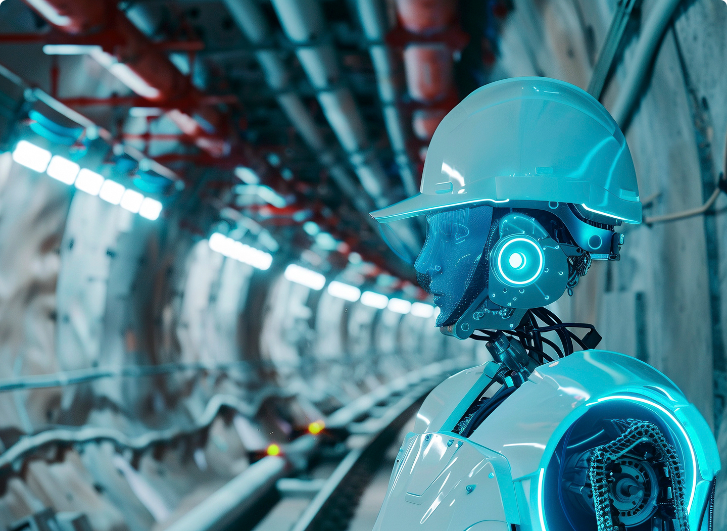 A humanoid robot in a futuristic industrial tunnel symbolizing automation, robotics, and Industry 4.0 services.