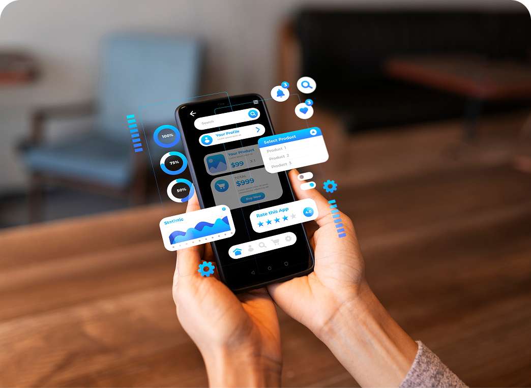 Person using a smartphone displaying interactive app interface and analytics graphics, representing innovative mobile app development services for user-friendly digital solutions.