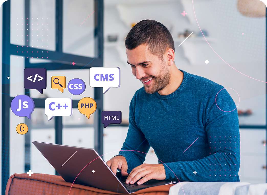 Man working on a laptop with web development icons like HTML, CSS, JavaScript, and PHP displayed around him, representing web development technology.