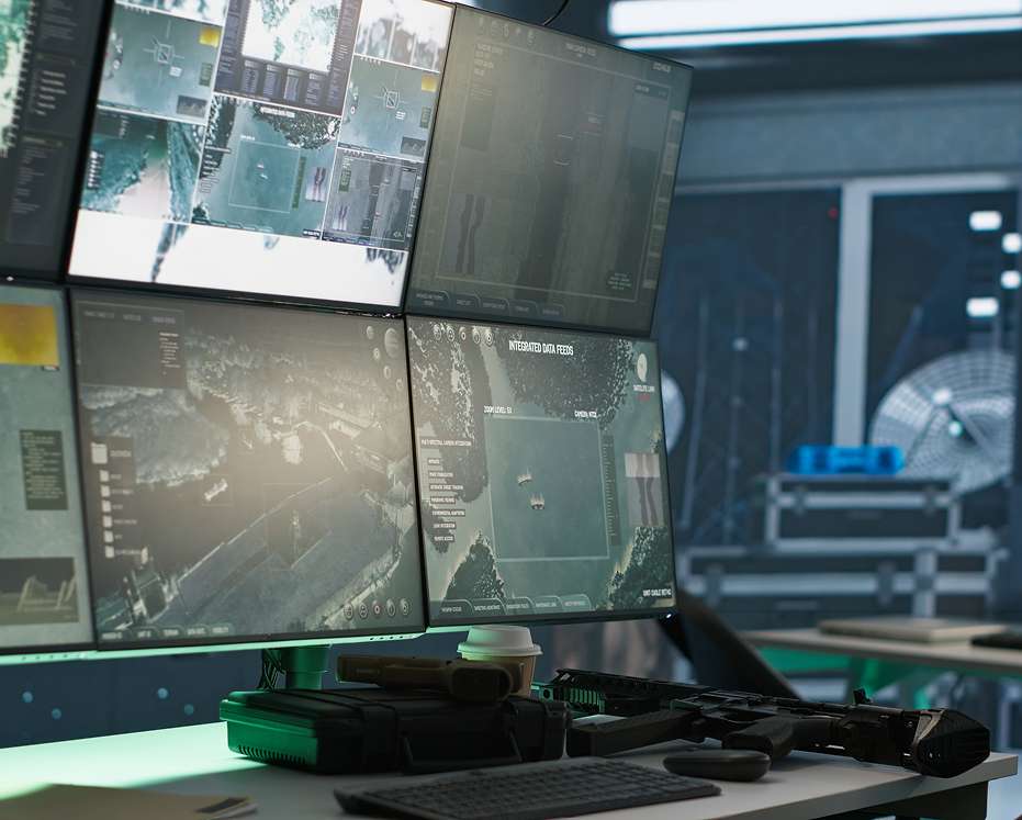 Security control room with multiple CCTV screens used for surveillance solutions by a software solution company.