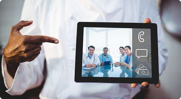 Illustration of CCTV Health Monitoring Software displayed on a tablet, showing live camera feeds and system status.