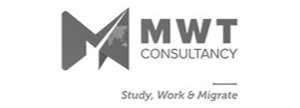 MWT Consultancy logo – MWT Consultancy logo with geometric “M” icon and tagline “Study, Work & Migrate.”
