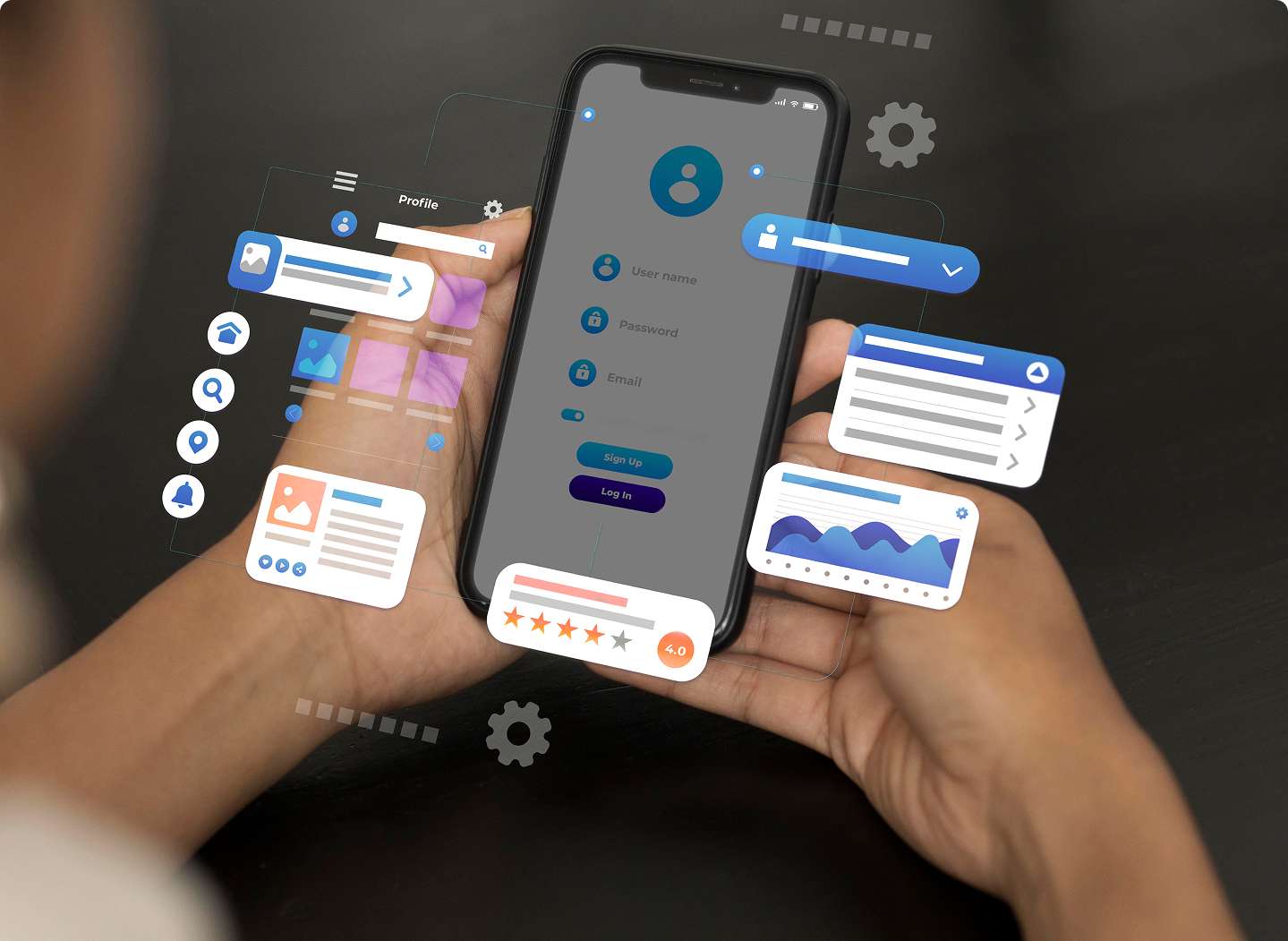 Person interacting with a smartphone interface featuring digital UI elements and analytics graphics, representing modern UI/UX design services focused on creating intuitive and engaging user experiences.