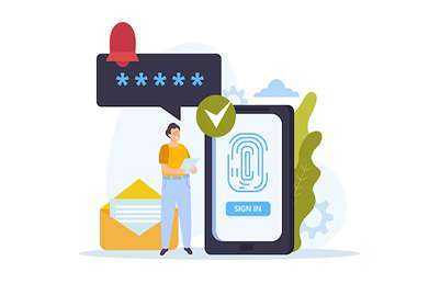 An illustration of a person using a smartphone to sign in with a fingerprint, representing biometric time log entry and secure access.