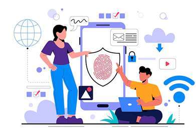 Illustration of biometric security (fingerprint and padlock) on a smartphone, representing the secure user authentication features of canteen management system software.