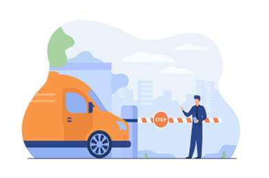 An illustration depicts a boom barrier preventing an orange truck from passing, with a person standing by the barrier, illustrating a component of a vehicle parking management system.