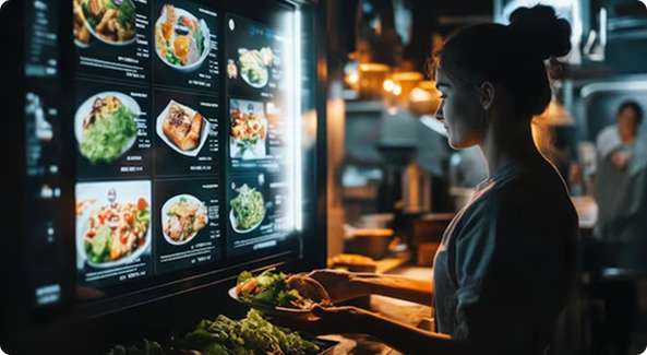 An employee uses a digital menu screen to manage orders, demonstrating a canteen management system in a commercial kitchen.