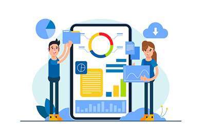An illustration of two people looking at a large smartphone screen displaying charts and graphs, representing comprehensive data reporting and analysis.