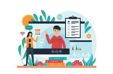 Illustration of a trainer explaining different course categories on the best e-learning platform.