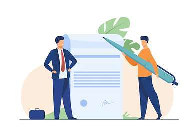 llustration of two professionals completing firm registration documents, representing easy onboarding on the best e-learning platform.