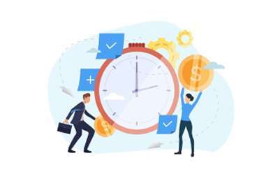 An illustration shows two figures with a large clock, checkmarks, and a gear icon, representing time-based rates or hourly rates, relevant to a vehicle parking management system.