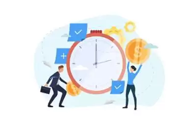 An illustration shows two figures with a large clock, checkmarks, and a gear icon, representing time-based rates or hourly rates, relevant to a vehicle parking management system.