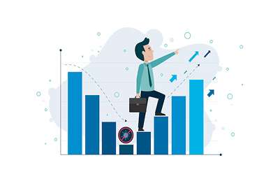 Employee climbing upward over bar graphs, symbolizing improved productivity through a service activity monitoring system that tracks performance in real time.