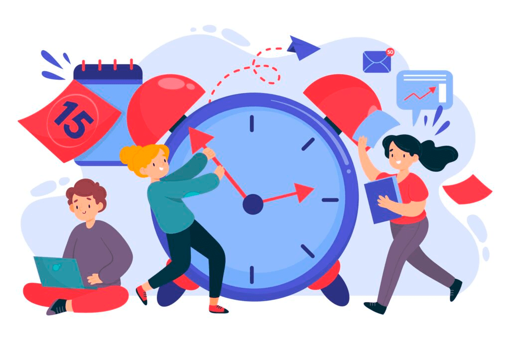 An illustration showing people interacting with a large clock and calendar icons, representing leave and overtime management within a time and attendance system.