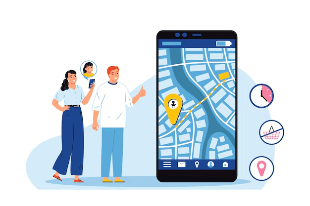 An illustration of two people using a smartphone map for Navigation to Asset Location, showing asset live tracking directions within a facility.