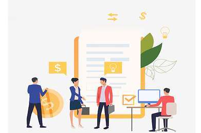 llustration of employees managing payroll using a computer system.
