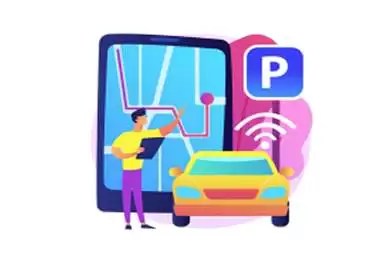 An illustration depicts a person next to a car, with a large smartphone displaying a map and a parking "P" icon, symbolizing real-time parking availability and guidance within a vehicle parking management system.