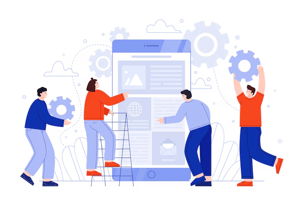 Vector illustration of people customizing an application screen, which highlights "Room & Building Configuration" for facility mapping and asset live tracking.