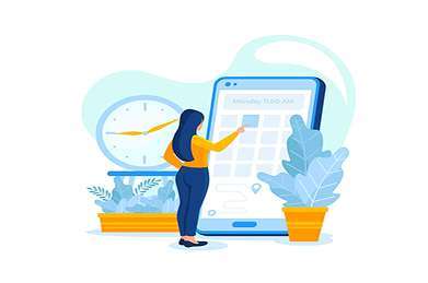 Illustration of a person scheduling tasks on a large digital calendar, representing service activity scheduling and status updates enabled by a service activity monitoring system.