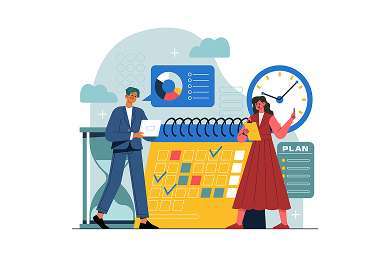 An illustration depicting two individuals, one looking at a large calendar and the other next to a clock, symbolizing shift and schedule management, a core function of a time and attendance system.