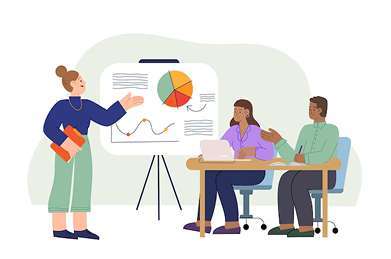 illustration of a trainer presenting charts to employees using training modules on the best e-learning platform.