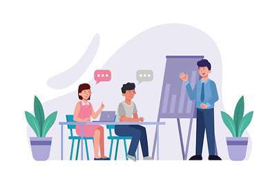 Illustration of employees attending a training session with a presenter explaining the schedule using a whiteboard in an office setting.