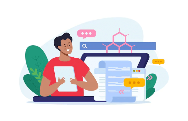 Illustration showing a man creating digital requests, which is part of the "Asset Request Creation" system designed to track assets using asset live tracking.