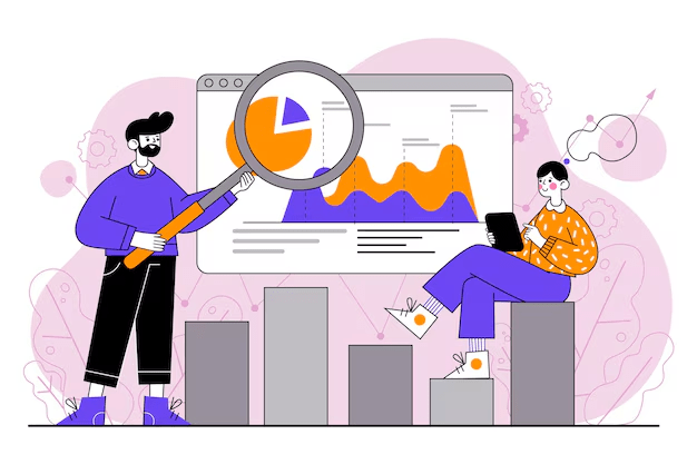 An illustration of two people analyzing data charts describes a feature for easily locating assets- Asset live tracking