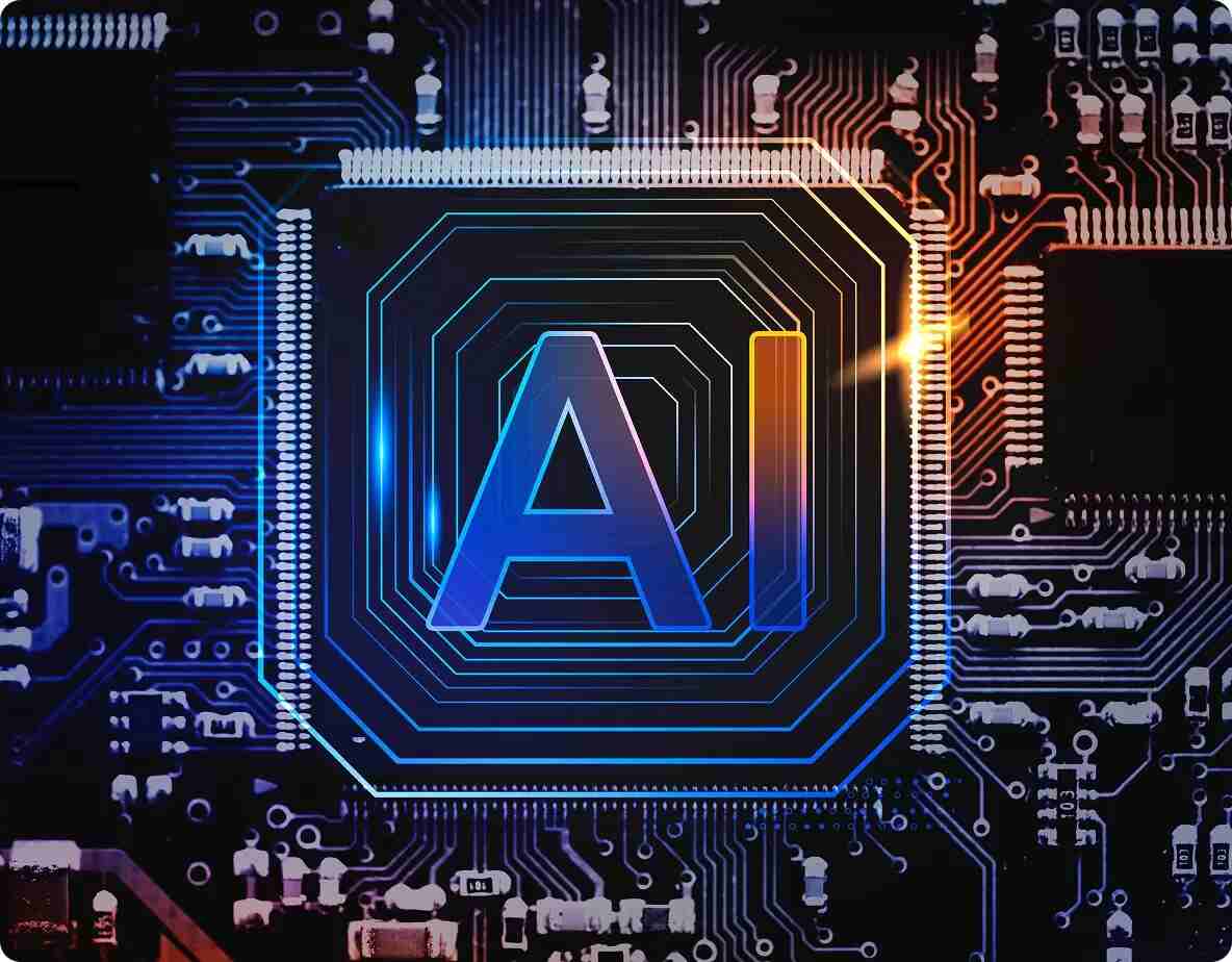 Futuristic AI processor chip glowing in blue and orange neon lights on a circuit board, representing artificial intelligence and advanced computing technology.