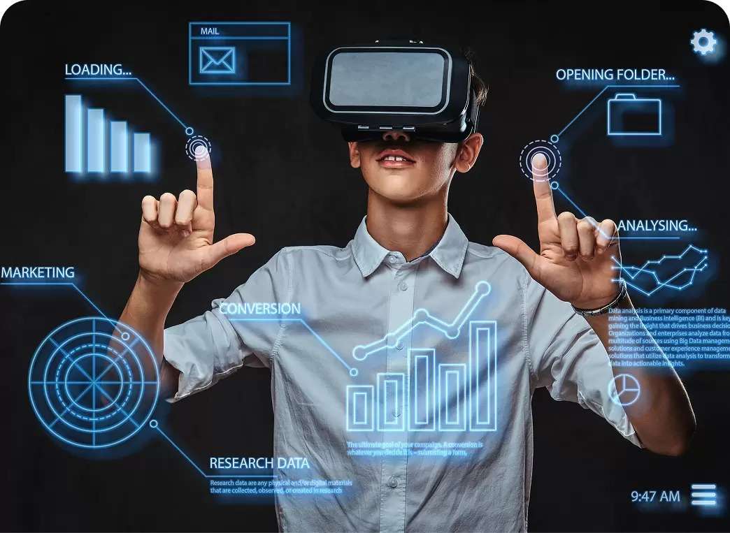 Person wearing a virtual reality headset interacting with holographic data charts and interface elements, representing digital twin technology.