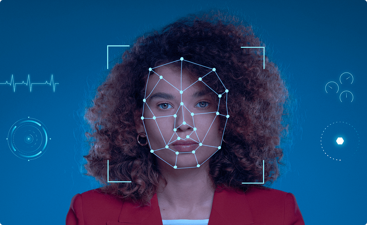 Woman with facial recognition scanning overlay, representing video analytics technology.