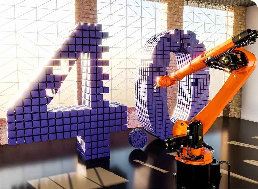 Industrial robotic arm operating beside large “4.0” numbers, representing Industry 4.0 and smart manufacturing technology.