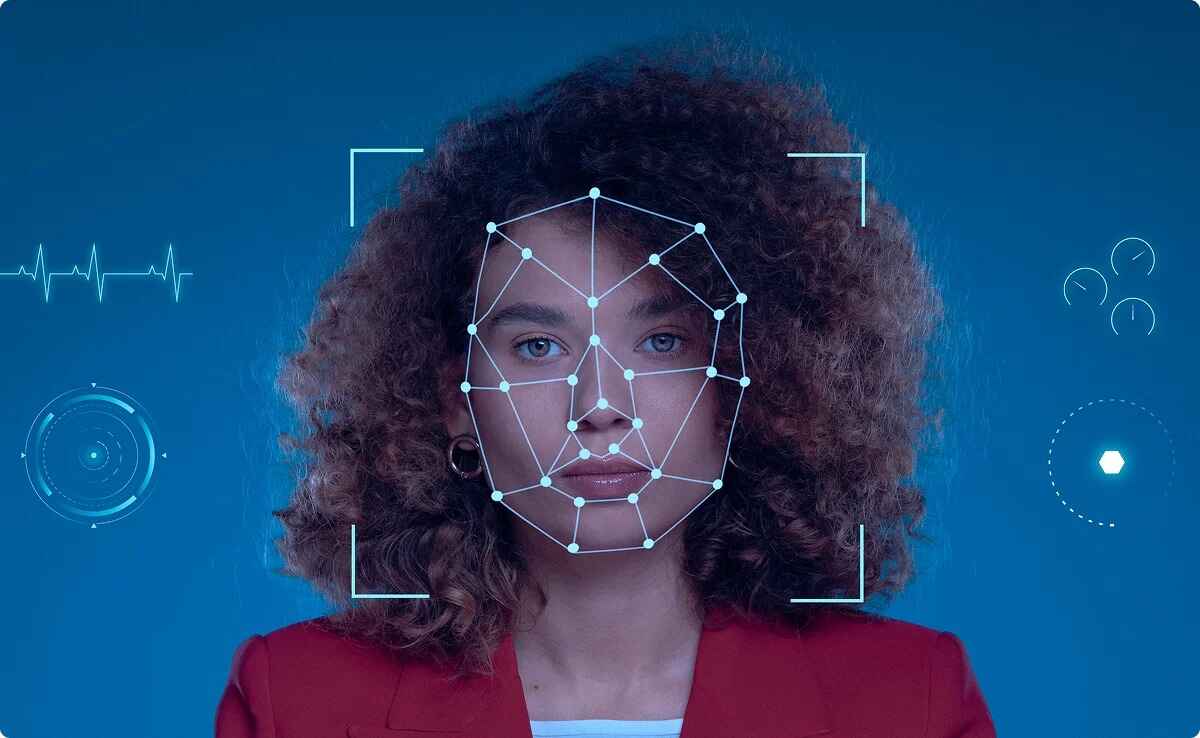 Woman with facial recognition scanning overlay, representing video analytics technology.