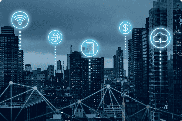City skyline with connected digital icons and network lines, representing the Internet of Things (IoT)