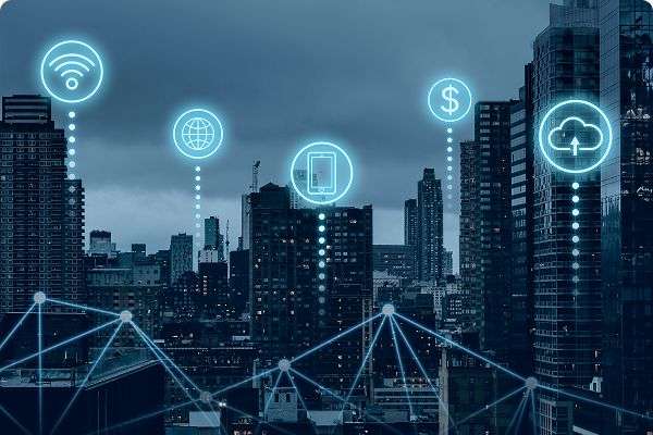 ity skyline with connected digital icons and network lines, representing the Internet of Things (IoT).